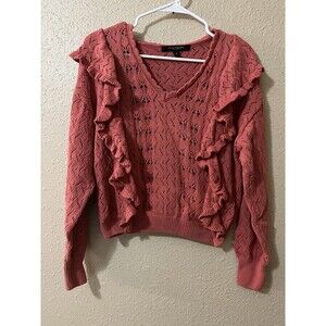 Andrew Marc New York Faded Rose Pink Ruffle V-neck Knit Sweater Women Size M